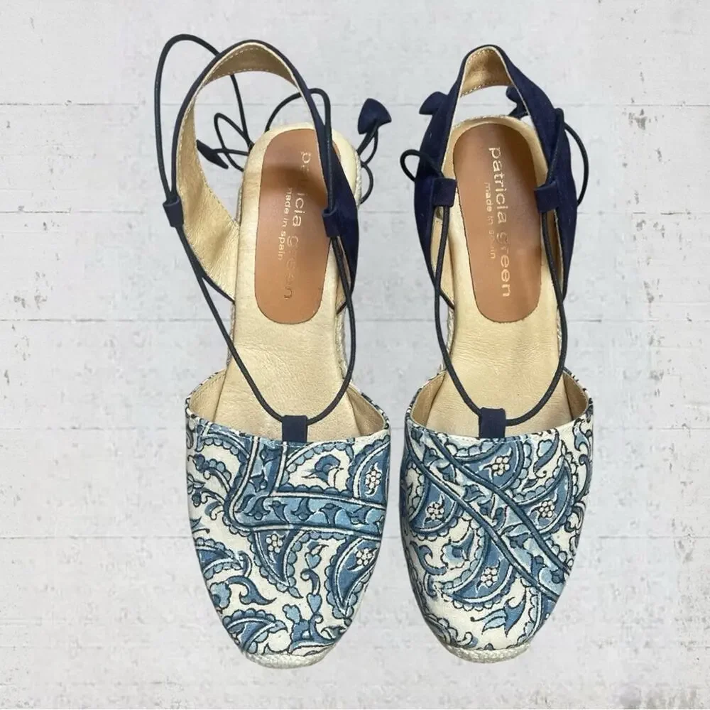 Patricia Green Patti Paisley Blue Sandal Espadrille Wedge Wrap Tie Ankle Size 39